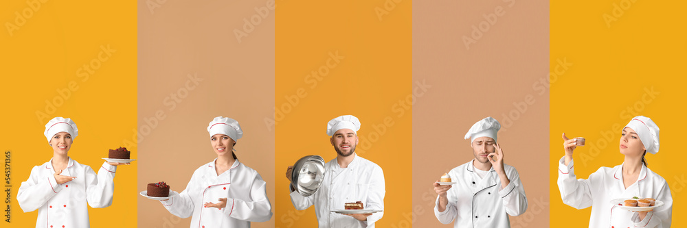 Collage of young confectioners on color background