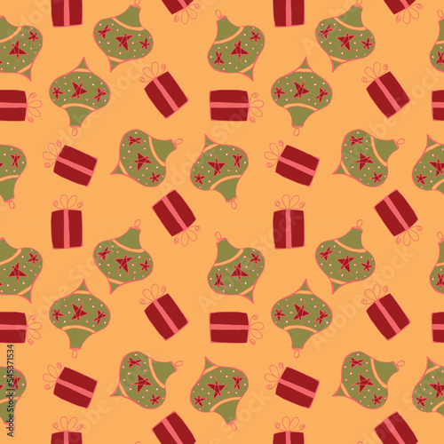 Christmas and Happy New Year seamless pattern with Christmas balls and gifts. Trendy retro style. Vector design template.
