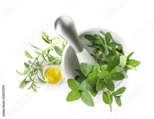 Mortar with different herbs...