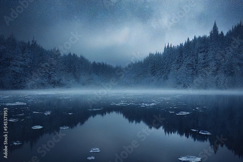 Beautiful winter landscape with stars reflected in the water