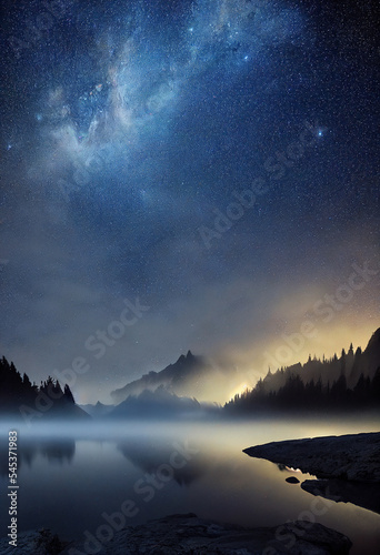 Beautiful winter landscape with mountains and lake, starry sky reflected in the water