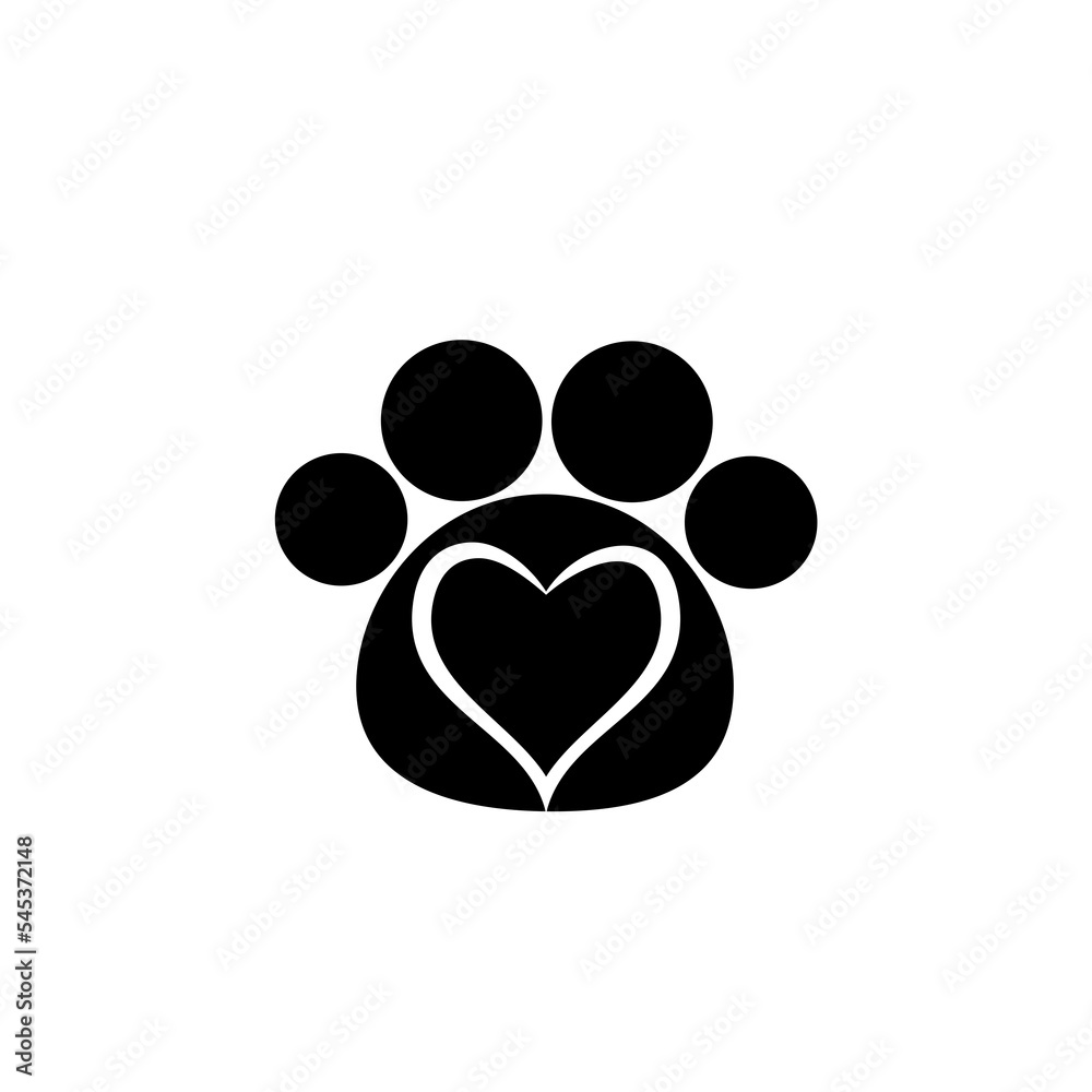 Love paw logo. Animal love symbol paw print with heart icon isolated on white background Love paw logo. Animal love symbol paw print with heart icon isolated on white background