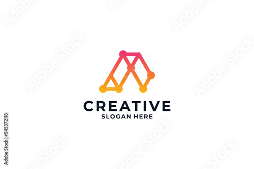 Abstract letter A logo design. Modern symbol for digital technology with molecule and abstract