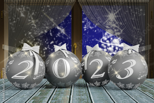 Illustrazione 3D. Anno nuovo 2023. Capodanno 2023 in numeri e con decorazione natalizia.