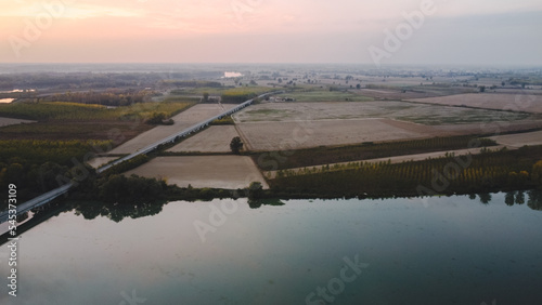 Scenic aerial view Po river at sunset in Monticelli D'Ongina Piacenza Italy photo