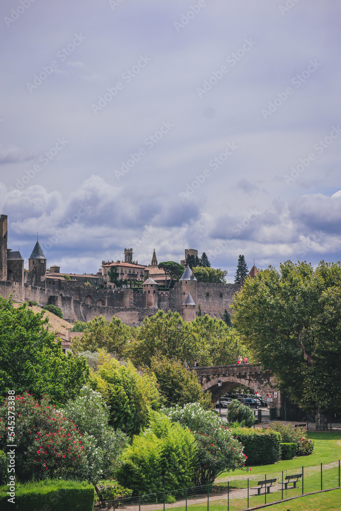 The landscape of the castle of Carcassonne, France and the park around