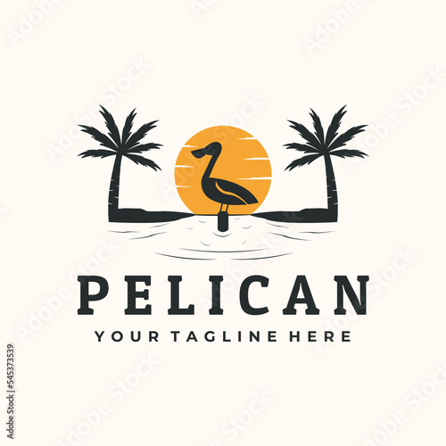 pelican beach bird vintage logo vector minimalist illustration design, pelicans perch on the beach with sunset symbol design