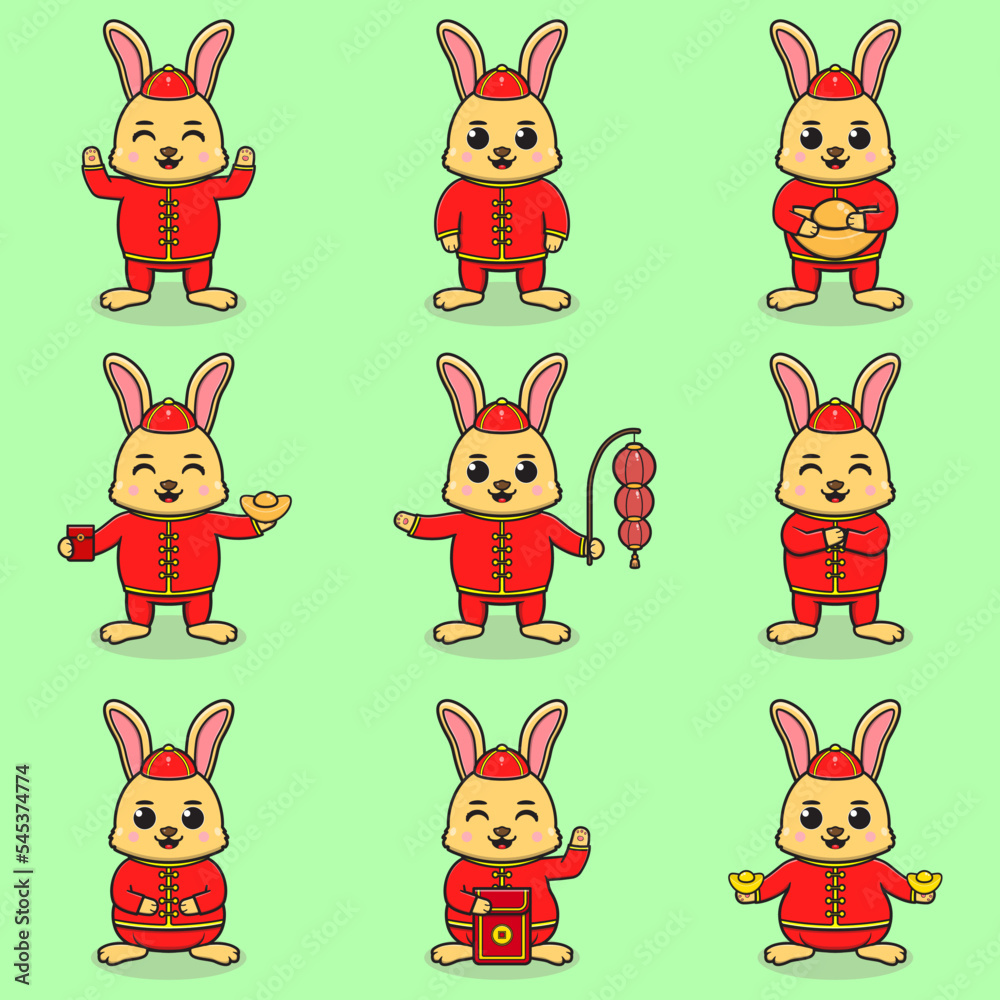 Obraz premium Happy Chinese new year with cute rabbit in red costume. The year of rabbit. A baby in rabbit costume and bunny hold ingots. Flat vector illustration. Animal holidays cartoon character