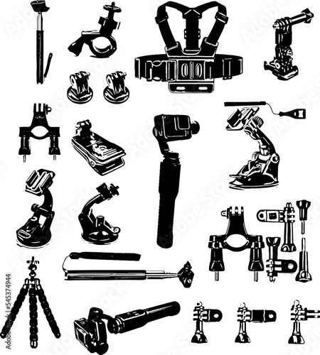 Vector illustration of photography camera accessories silhouette, photographer kit, camera elements, symbol, clip art, vintage retro photography sketch drawing