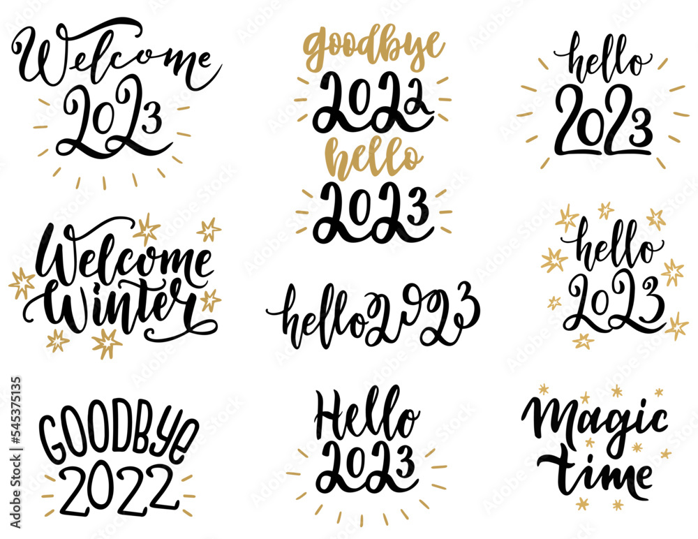 Set of 2023 Happy New Year logo lettering design. 2023 number design template. Collection of 2023 Happy New Year symbols