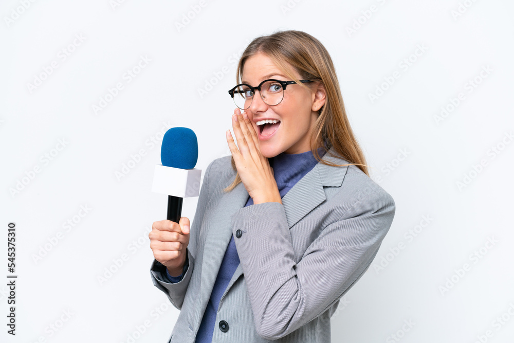 Young TV presenter caucasian woman isolated on white background whispering something Young TV presenter caucasian woman isolated on white background whispering something
