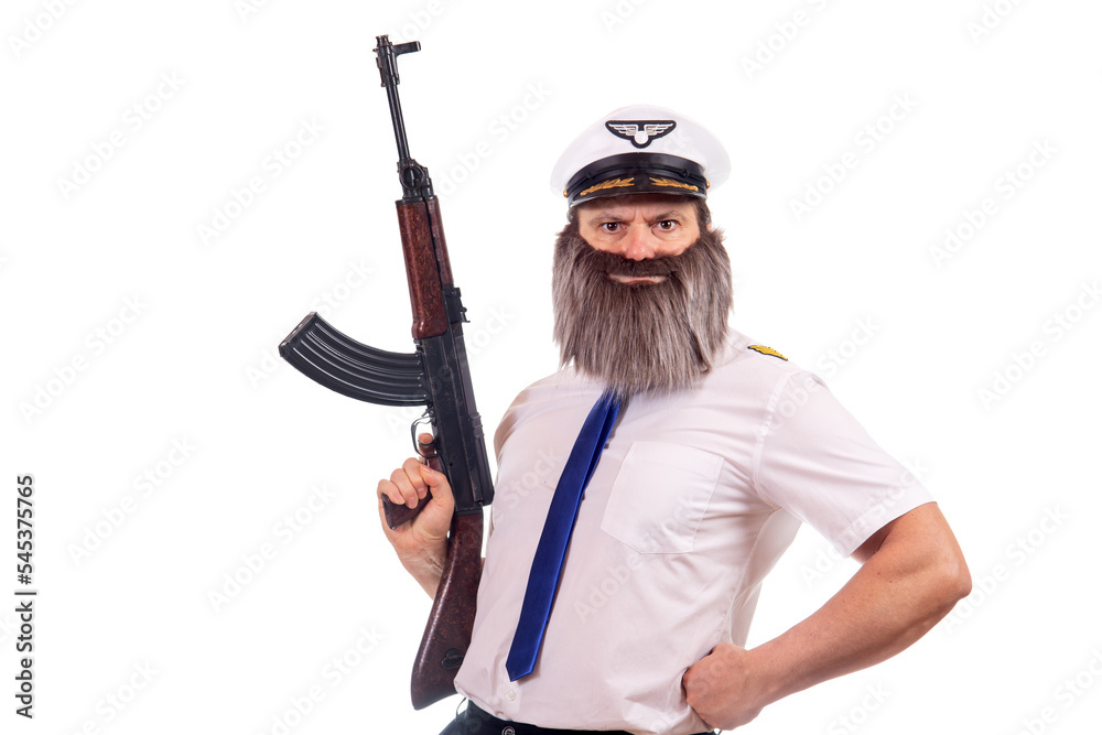 A bearded pilot holds an automatic rifle, isolated on a white background A bearded pilot holds an automatic rifle, isolated on a white background