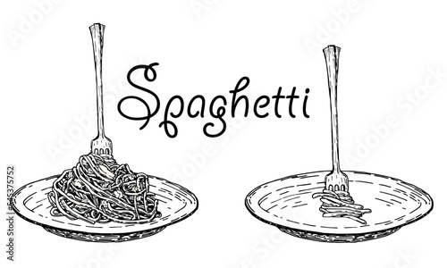 Set Italian pasta on fork and plate. Traditional Italian pasta. Spaghetti sauce, spices and seasonings. Vector vintage illustration isolated on white