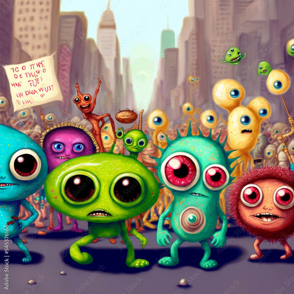 Colorful aliens protesting holding signs. Mass protest, a large group of aliens on the streets