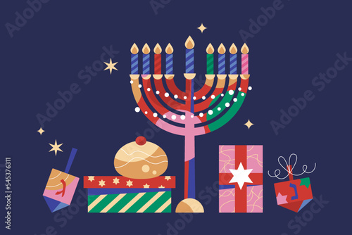 Greeting card for Jewish holiday Hanukkah with menorah, traditional donuts, gift boxes and spinning top. Modern template background for social media. Vector illustration