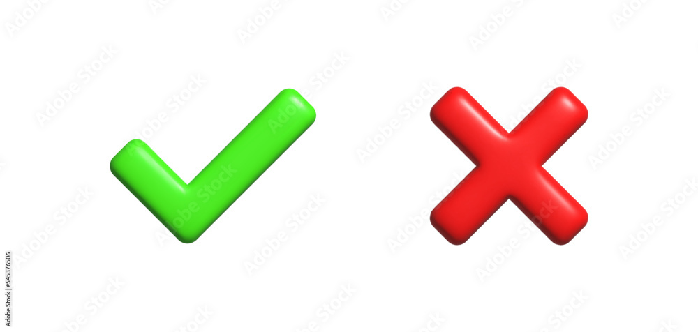 Ticks and crosses set icon. 3D, Checkmark, reject, rejection, confirm, confirmation, answer option, accept, decline, test, agreement. Technology concept. Vector line icon on white background