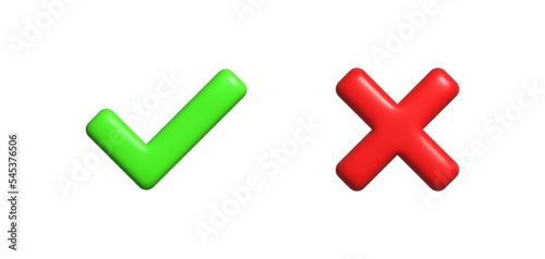 Ticks and crosses set icon. 3D, Checkmark, reject, rejection, confirm, confirmation, answer option, accept, decline, test, agreement. Technology concept. Vector line icon on white background