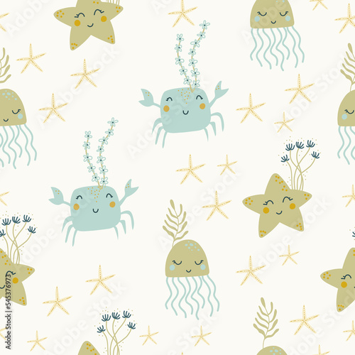 Children's Seamless marine pattern with sea animals, jellyfish, crab, starfish digital paper, for surface design, kids clothing, print © polikarpovaart
