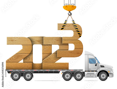 Crane loads New Year 2023 of wood. Big wooden year number in back of truck. Vector image for new years day, christmas, transportation, winter holiday, new years eve, trucking, silvester, etc