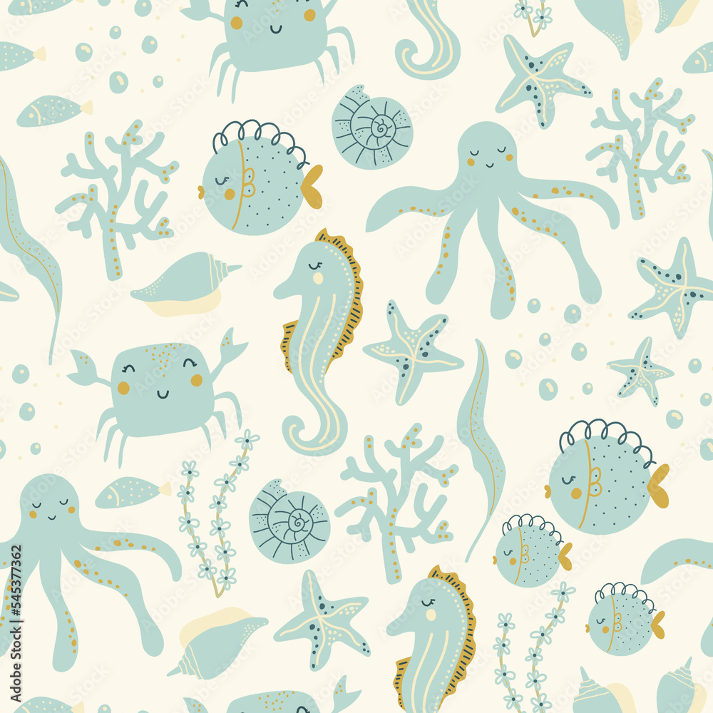 Seamless marine pattern blue fish, crab, seahorse, seashells, octopus, corals digital paper, for surface design, kids clothing,print Seamless marine pattern blue fish, crab, seahorse, seashells, octopus, corals digital paper, for surface design, kids clothing,print