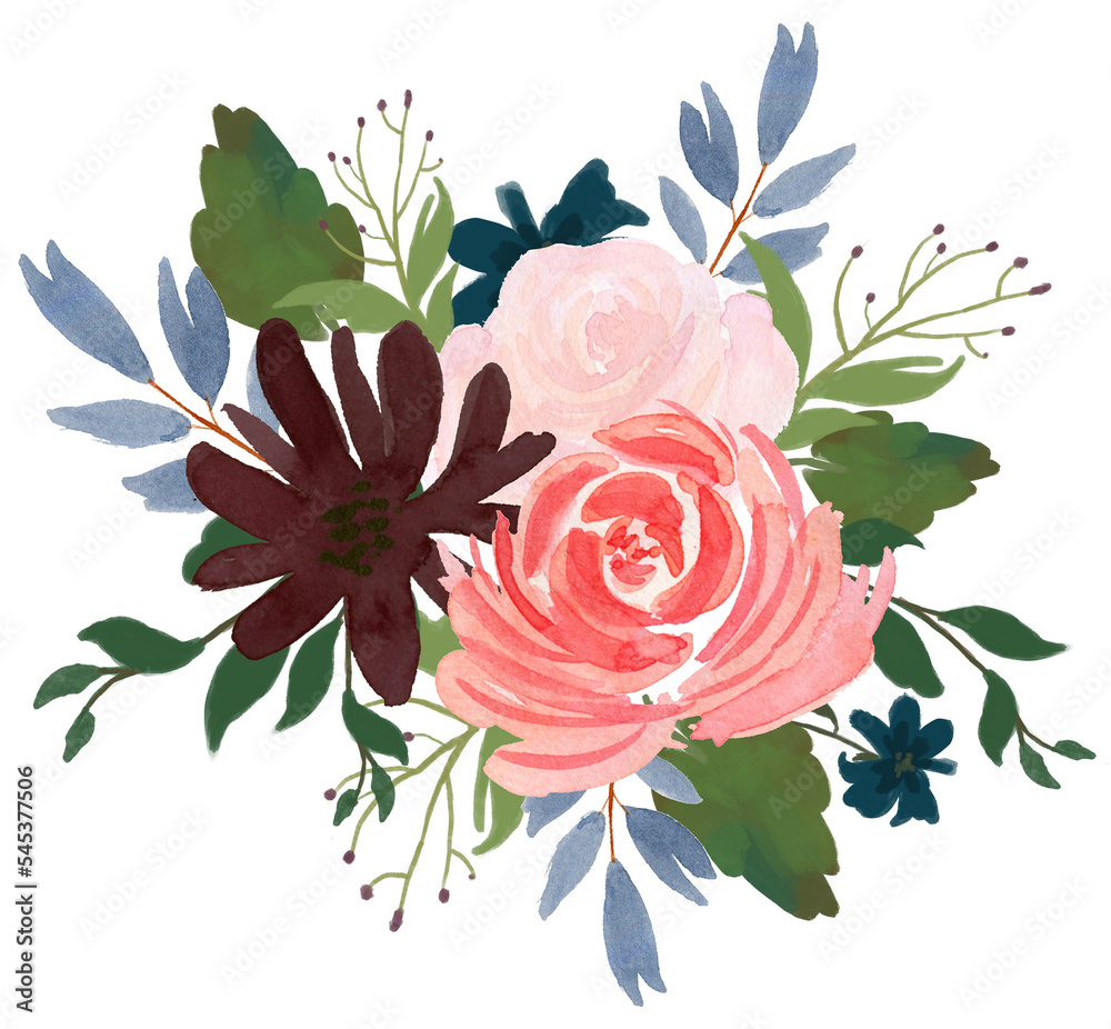 Watercolor vintage floral composition Pink and blue Floral Bouquet Flowers and Feathers Isolated
