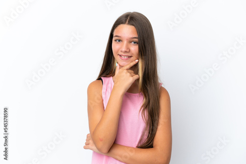 Little caucasian girl isolated on white background happy and smiling