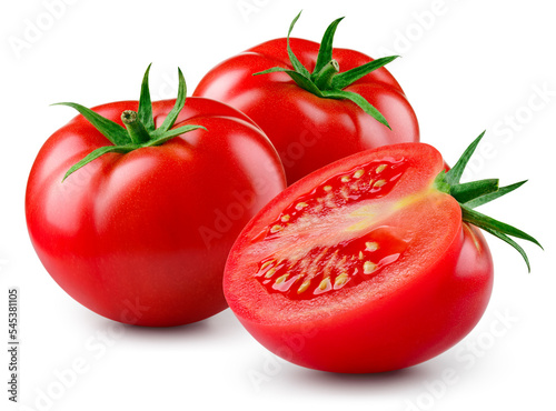 Tomatoes isolated. Tomato on white background. Tomatoes and a half side view. With clipping path. Full depth of field. photo