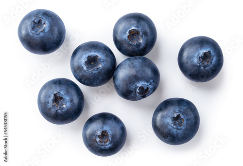 Blueberry isolated. Blueberries top view. Blueberry flat lay on white background with clipping path.