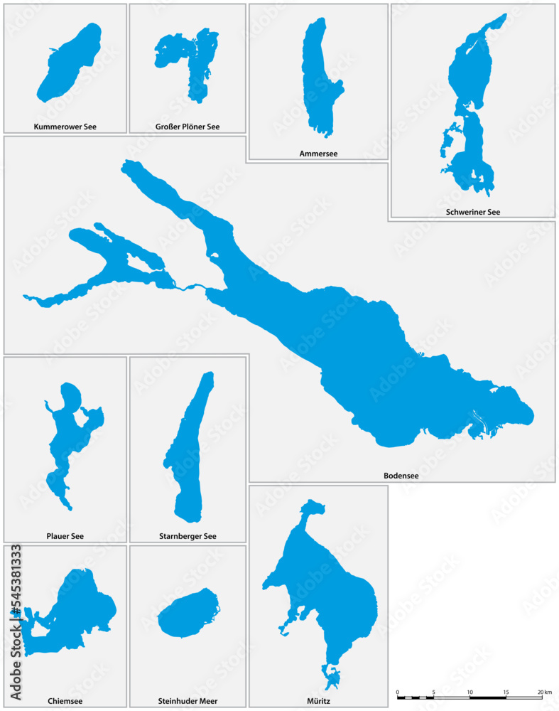 Vector map of the ten largest lake in Germany in German Stock Vector