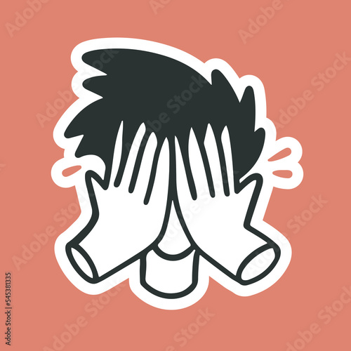 The head of a man, covers his face with his hands. Vector sticker with doodle cute outline hand drawn style. Mental health, stress, anxiety, depression, sadness.