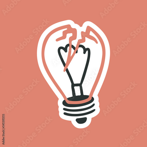 Broken light bulb, cracked glass. Vector sticker or illustration of lack of inspiration and energy. Stress, emotional burnout, anxiety.