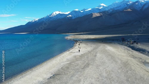 Aerial landscape of Pangong Lake  and mountains with clear blue sky, it's a highest saline water lake in Himalayas range, landmarks and popular for tourist attractions in Leh, Ladakh, India, Asia photo