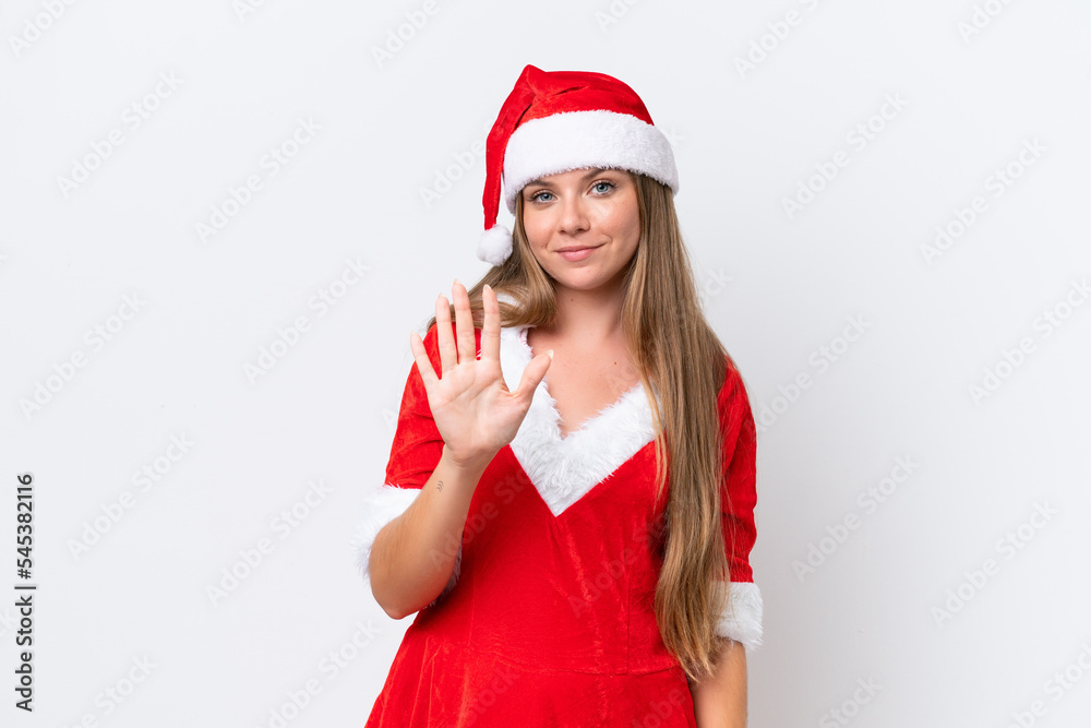 Young caucasian woman dressed as mama noel isolated on white background counting five with fingers Young caucasian woman dressed as mama noel isolated on white background counting five with fingers
