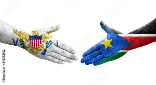 Handshake between South Sudan and Virgin Islands flags painted on hands, isolated transparent image.