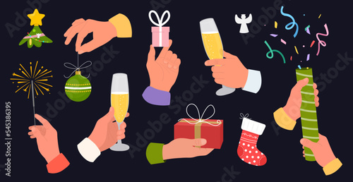 Christmas icons set. Holidays objects collection. Human hands holding christmas gifts, sparklers, champagne glasses, clapperboard with colorful confetti. Flat vector illustration.