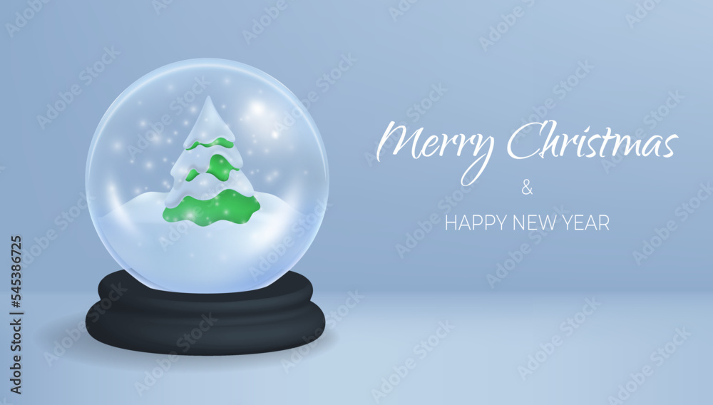 light blue background Happy New Year. Merry Christmas ball with green pine tree covered snow, on studio scene, realistic 3d mockup. Holidays decorations glass globe. Vector illustration
