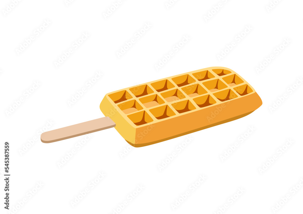 Sweet food and dessert food, vector illustration of golden brown homemade corn dog or hot dog waffle on a stick. 