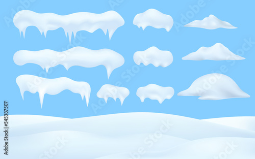 3d Winter snow, Christmas, snow texture, white elements, holiday snow decorations. Vector collection of snow caps, heap, icicles on blue sky background, ice, snowball and snowdrift.