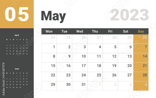 Monthly Calendar Template of may 2023. Vector layout simple calendar with week start monday.