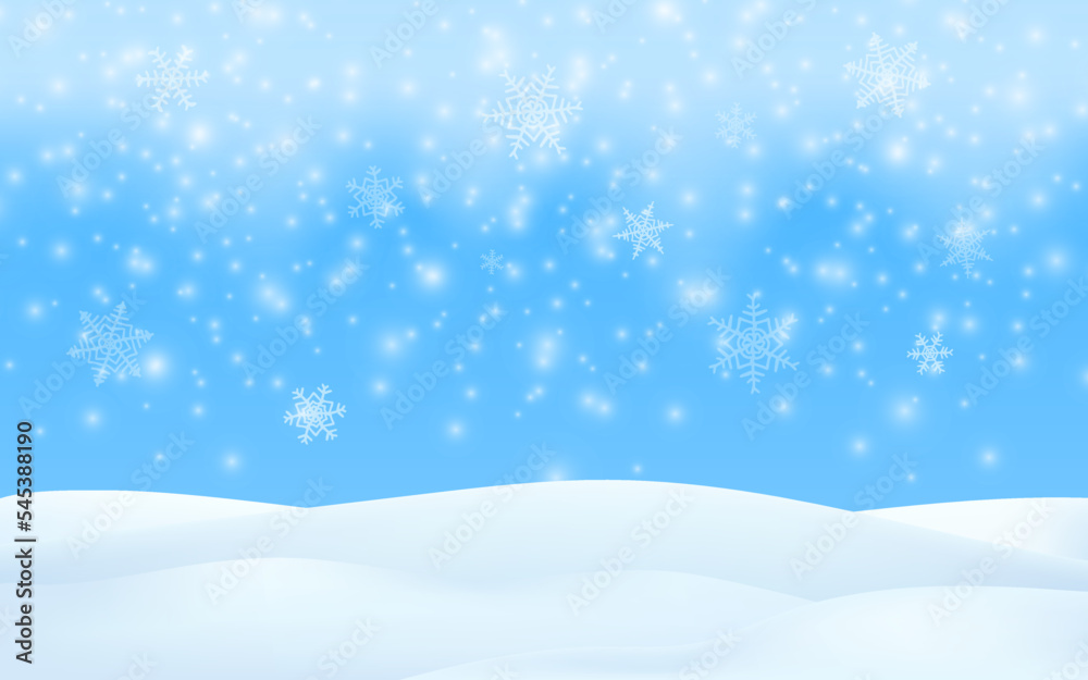 Winter season scene. Merry Christmas snow background. Vector 3d illustration glowing snowflakes falling. Winter landscape, blue sky, snowstorm. Empty space for product design.