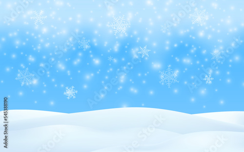 Winter season scene. Merry Christmas snow background. Vector 3d illustration glowing snowflakes falling. Winter landscape, blue sky, snowstorm. Empty space for product design. ©  Tati. Dsgn