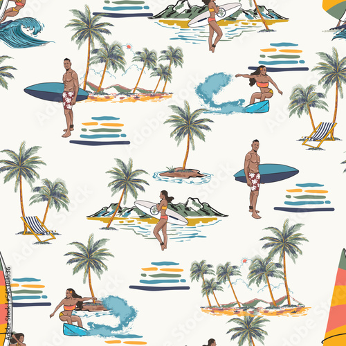 Beautiful Summer tropical Hawaii Aloha island , Beach Vibes Seamless pattern Vector Illustration