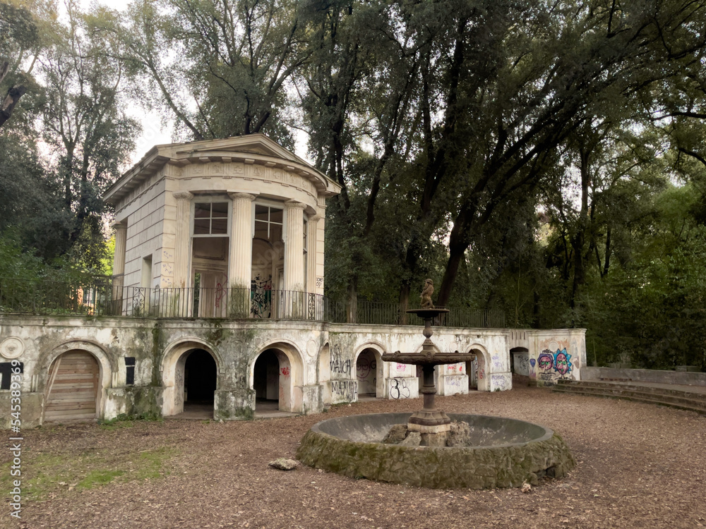 Ruins of the Tea House, a neoclassical temple in Villa Ada Park, Rome, Italy