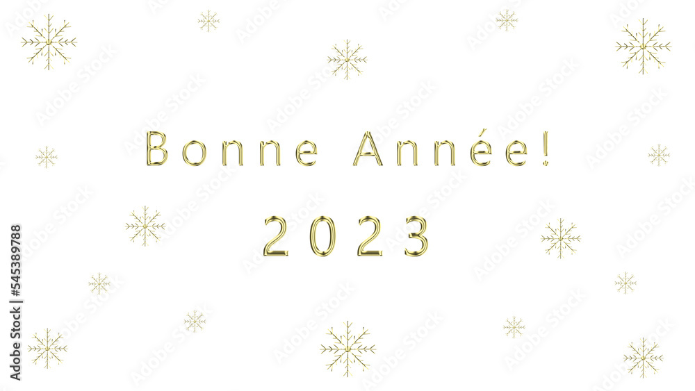 Bonne Année 2023. New Years 2023 french message with gold letters and numbers, decorative gold snowflakes. Transparent PNG format.

