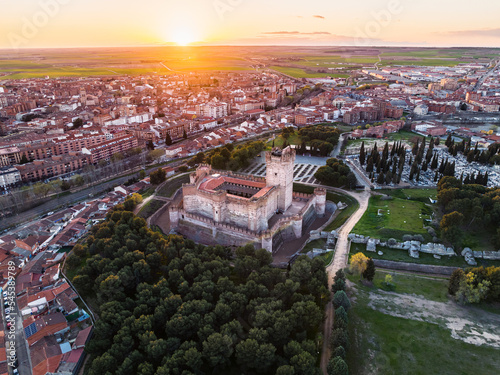 Aerial view of the Spanish town of Medina del Campo in Valladolid, with its famous castle Castillo de la Mota in the foreground.