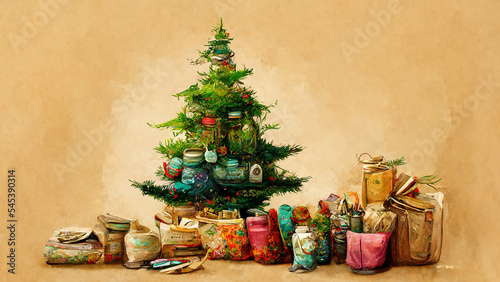 Weihnachtliches Dekobanner mit Weihnachtsbaum und Geschenke, Hintergrund Illustration 