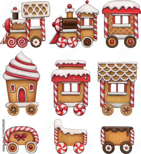 watercolor hand drawn gingerbread train