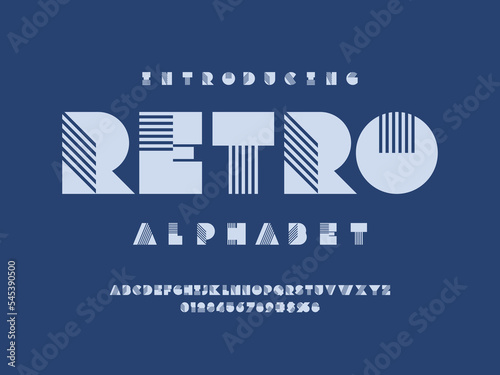 Art deco style alphabet design with uppercase, numbers and symbols