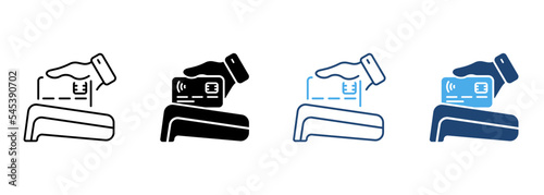 Cashless Payment Line and Silhouette Icon Set. Wireless Money Transaction on POS Pictogram. Electronic Purchase Paying by Credit Card Symbol on White Background. Isolated Vector Illustration