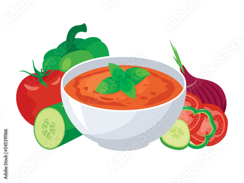 Gazpacho cold vegetable soup in bowl icon vector. Delicious classic spanish soup with tomatoes, peppers, cucumbers, onion and basil icon vector isolated on a white background. Bowl of soup drawing